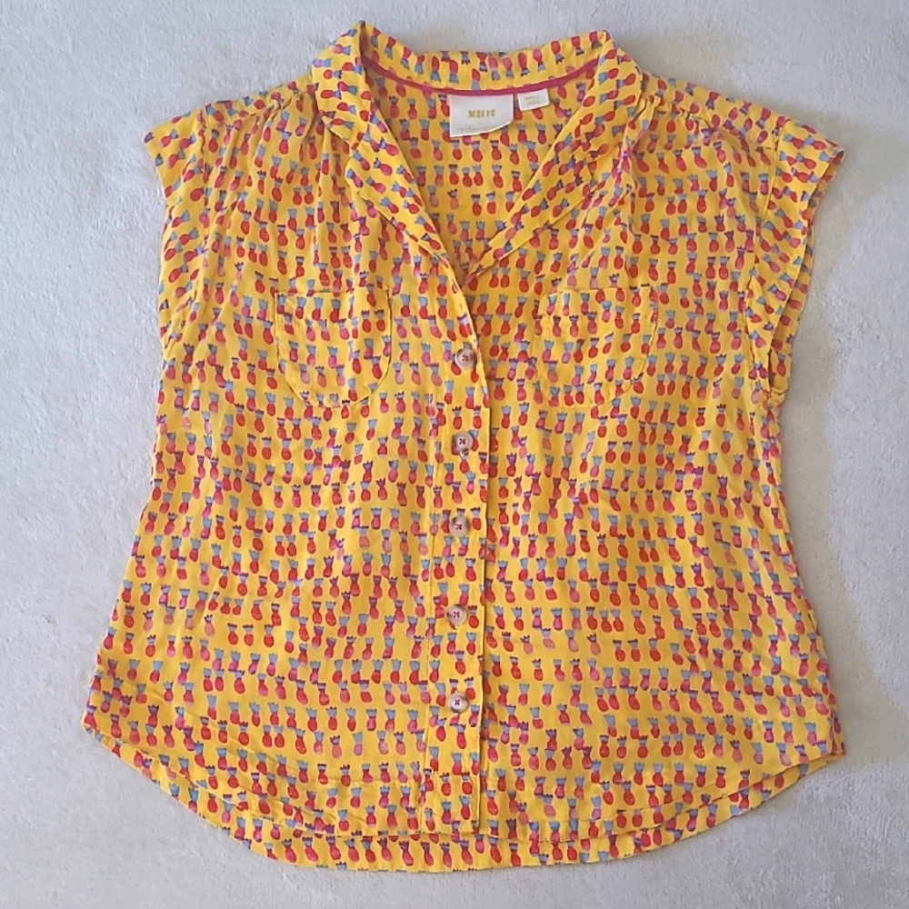 Maeve Anthropologie Yellow Pineapple Print Blouse Small Boho Summer Y2K Festival